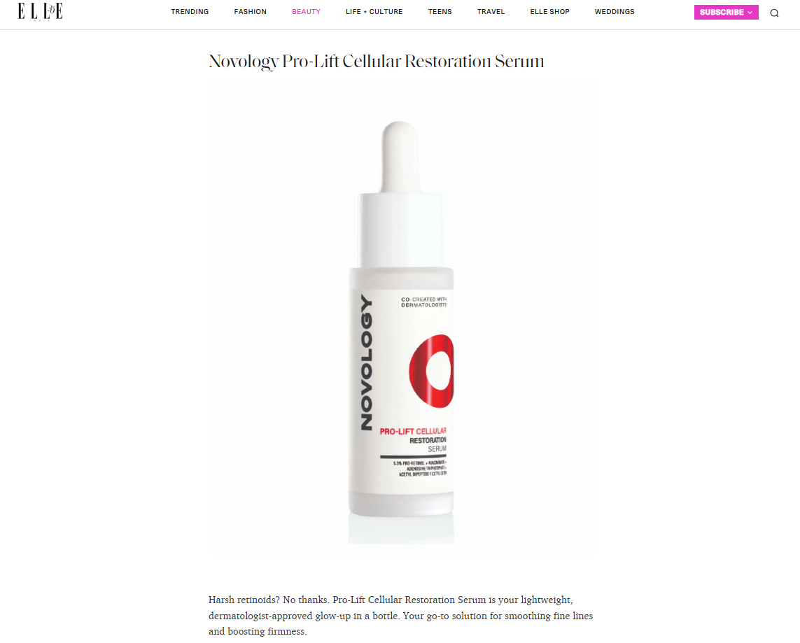 Showcases the Pro-Lift Cellular Restoration Serum as a dermatologist-approved, lightweight glow solution for fine lines.