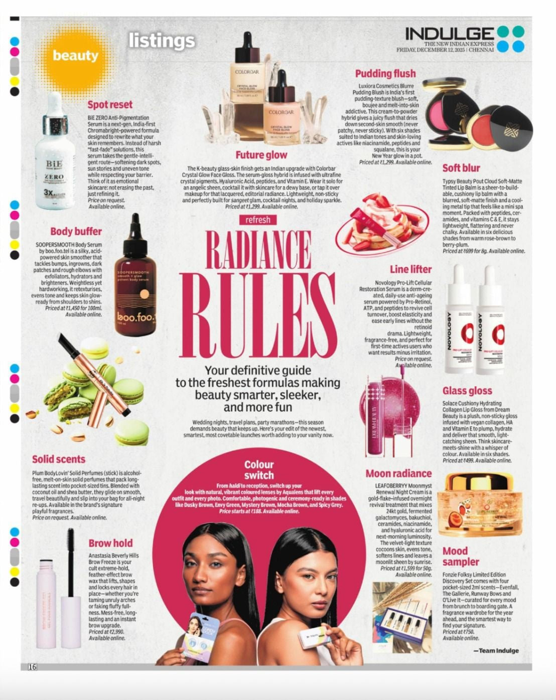Showcases Novology's youth renewal serum inside its radiance rules print mentioning it is perfect for first time users who wants results minus irritation