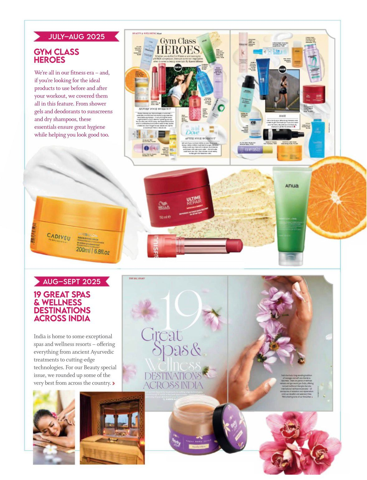 Features Novology's Acne Rescue Spot Corrector inside a print layout highlighting gym essentials and wellness destinations.
